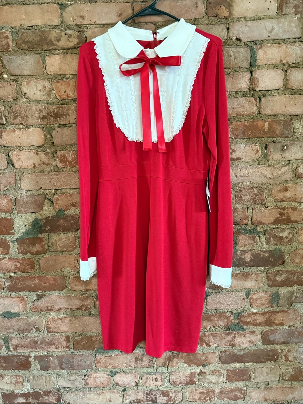 ModCloth Red Collared Long-Sleeve Dress with White Bib and Bow